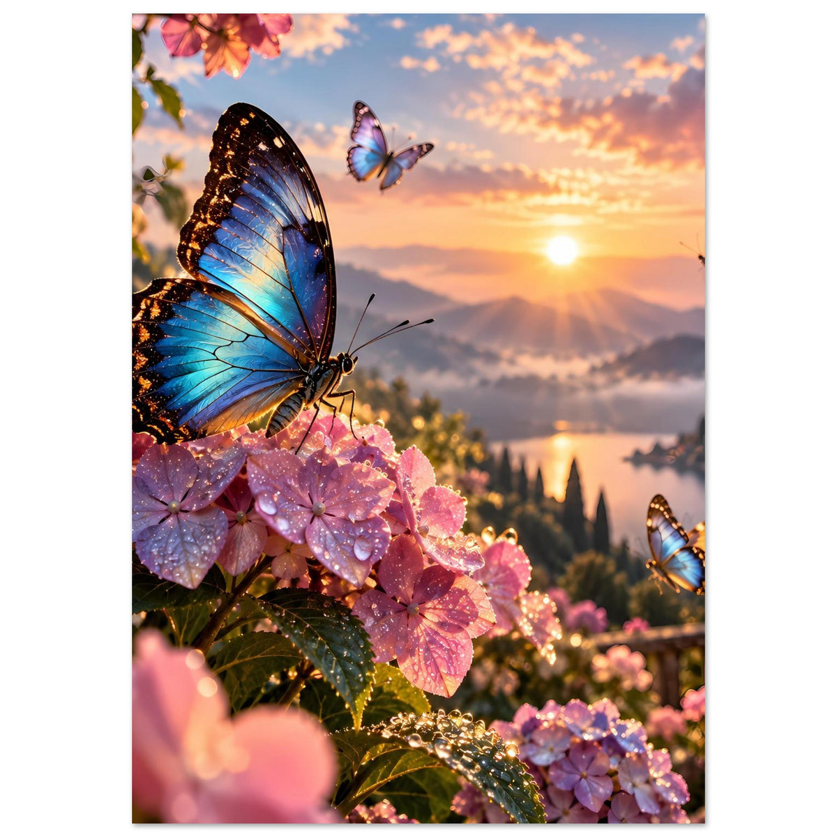 Hochformat-Poster: blaue Schmetterlinge auf rosa Blüten, warmes Abendlicht