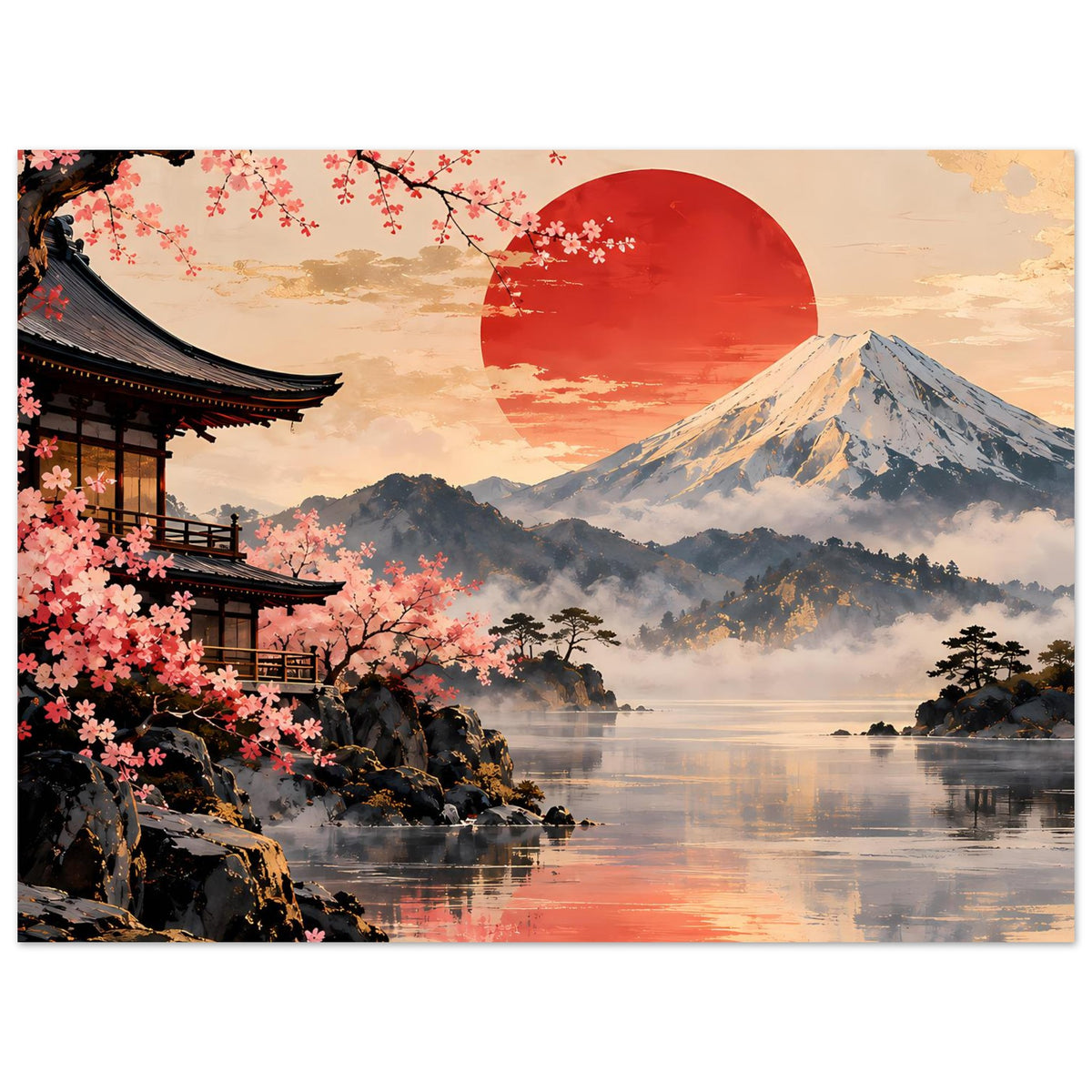 Querformatiges Japan-Landschaftsposter mit Pagode, Kirschblüten, Fuji und Spiegelung im Wasser