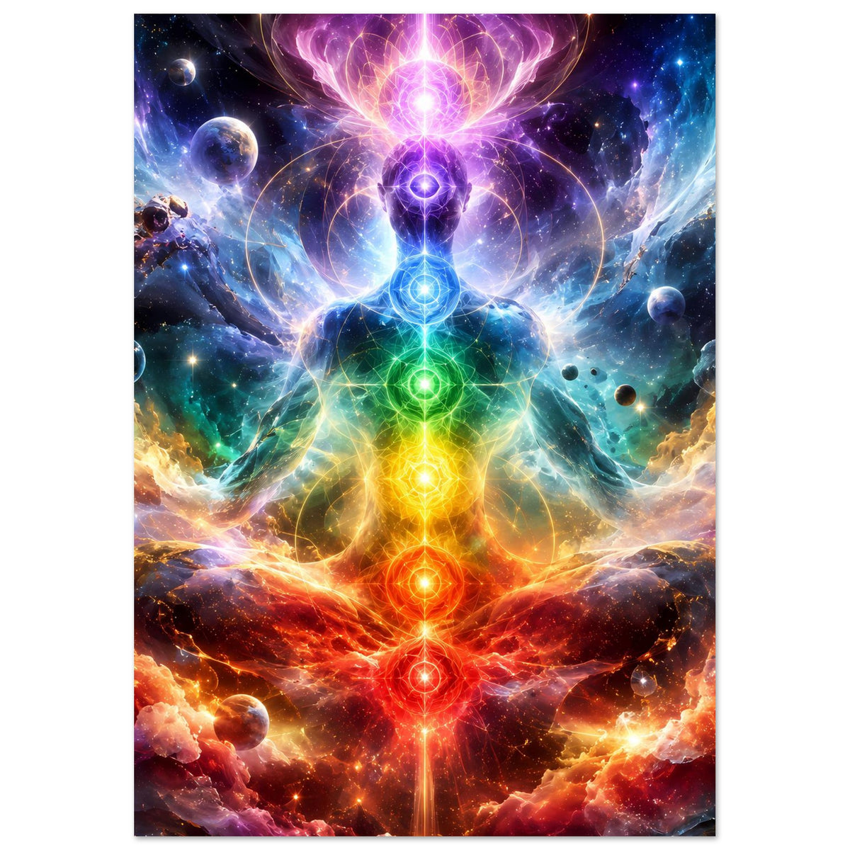 Chakra-Meditationsposter im Hochformat mit zentraler Energie-Säule und Planeten