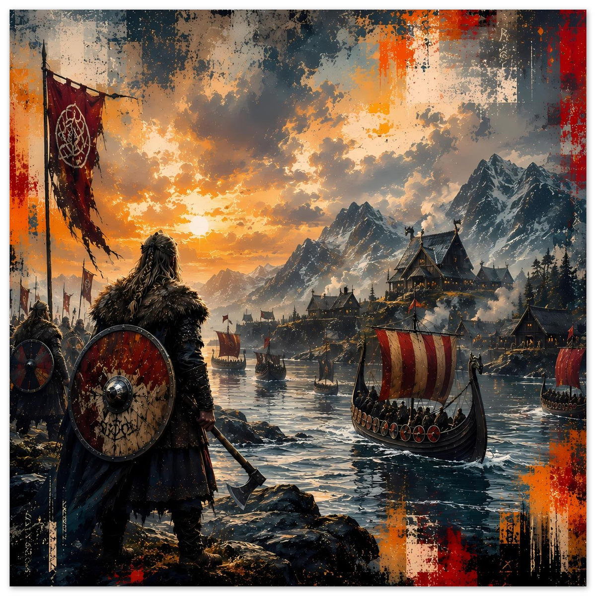 Wikinger-Saga-Poster: Schildträger im Wikinger-Outfit vor Langbooten in warmen Wolken