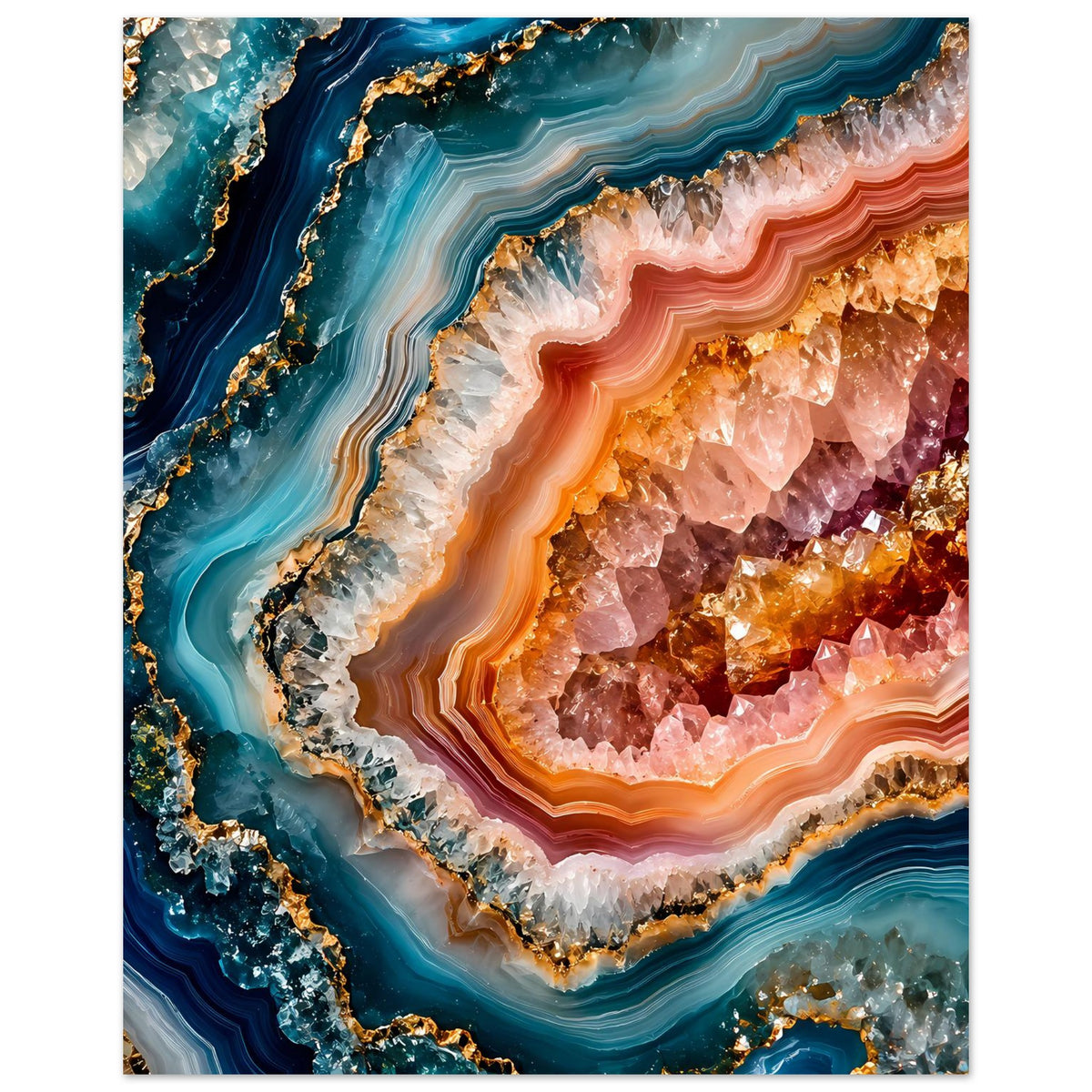 Poster mit Geoden-Kristallkunst im Hochformat: blaues Gestein, orange Kristallkammer, Goldadern