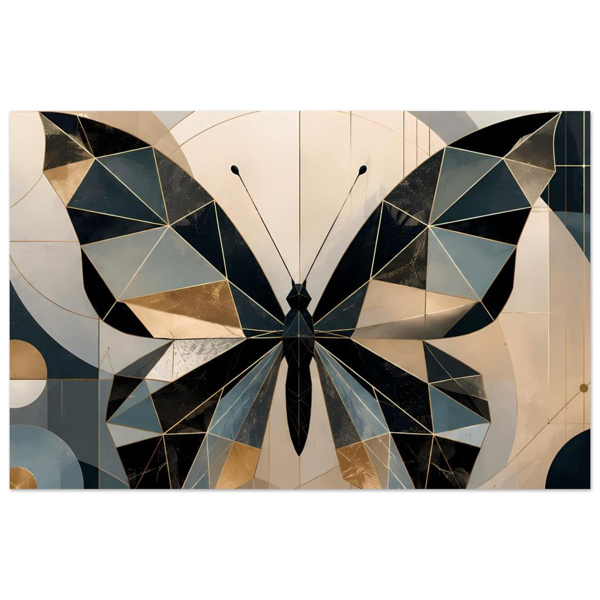 Breites Poster mit geometrischem Schmetterling aus Dreiecken in Petrol und Gold