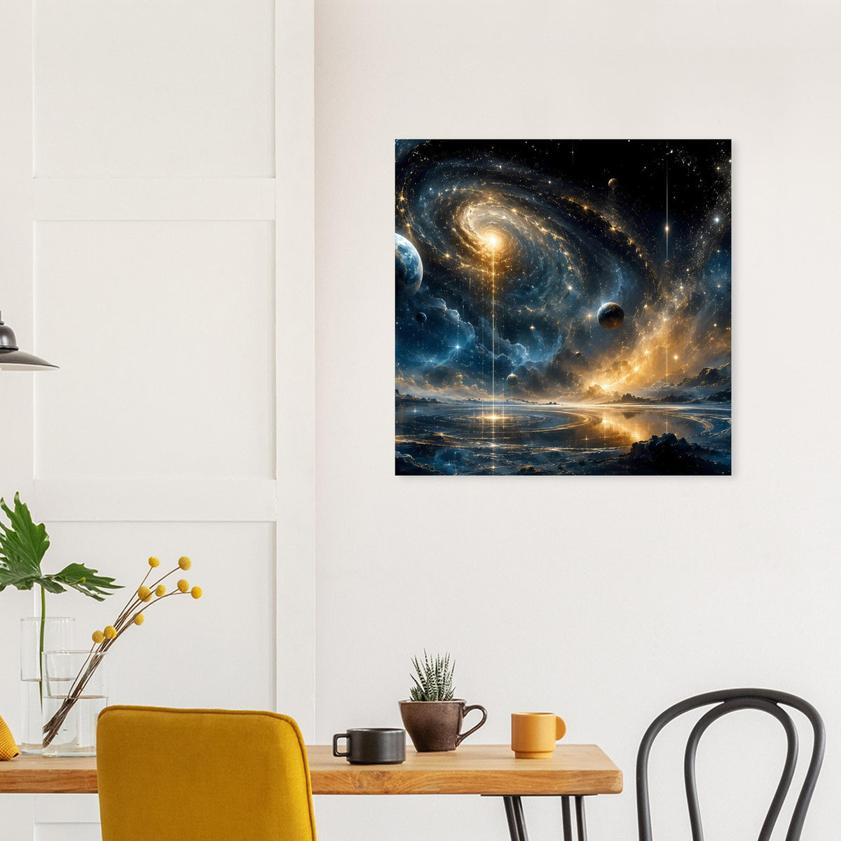 Wandposter mit Spiralgalaxie, Sternen und Planet im dunklen Weltraum