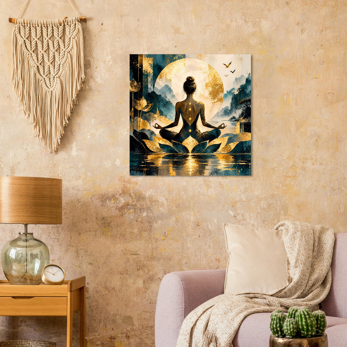 Meditationsposter mit Lotusblüte, goldenen Flammenformen und ruhender Meditationsfigur im Kreislicht