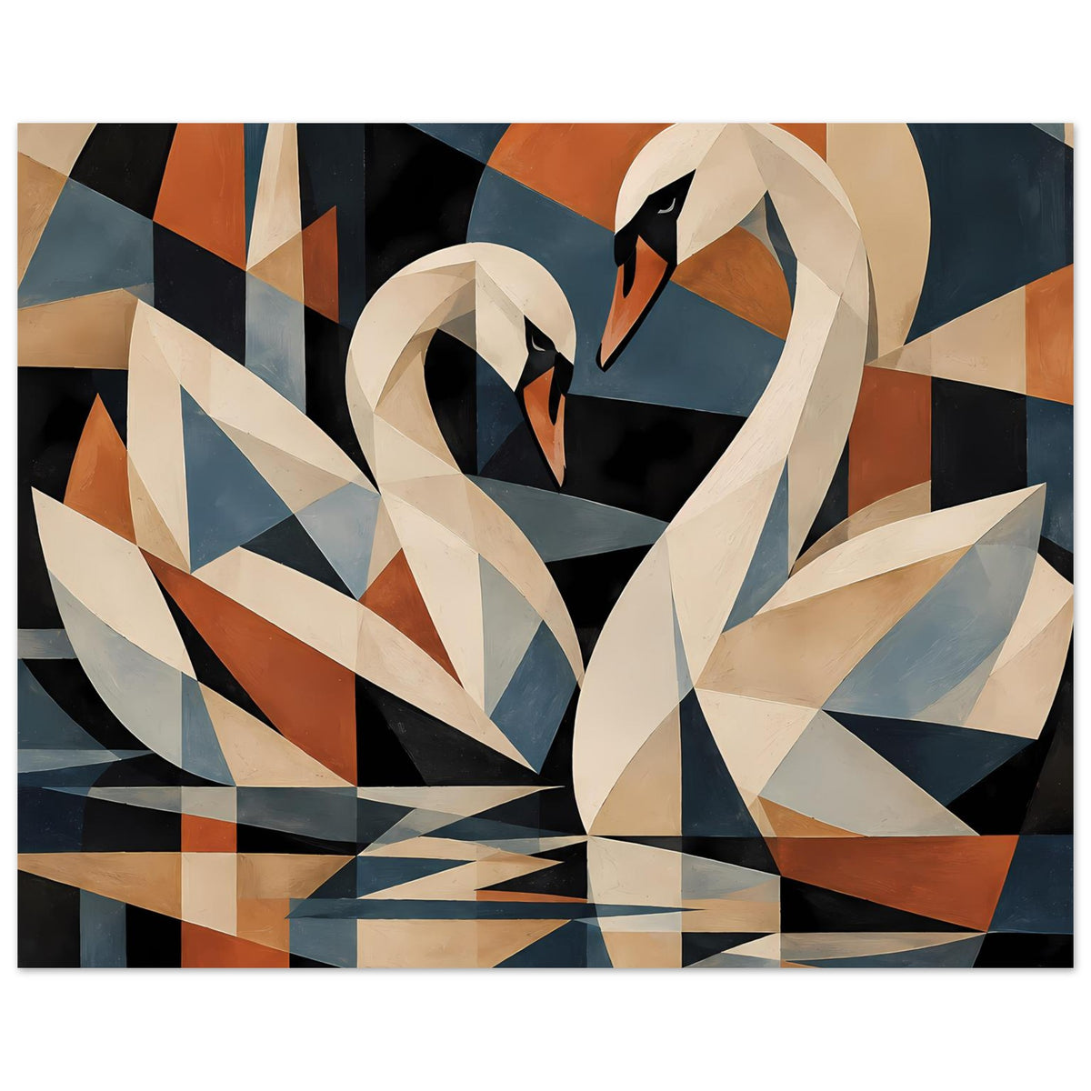 Schwanen-Poster im kubistischen Stil: beige Formen, schwarze Linien und blaue Akzente