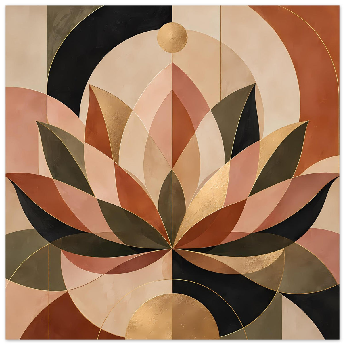 Horizontales Poster mit Lotusblüte aus geschwungenen, geometrischen Linien in warmen Farbtönen