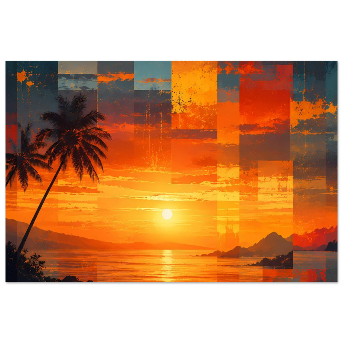 Kunstposter im Querformat: orangefarbener Sonnenuntergang über Wasser, Palmen links, abstrakte Quadrate.