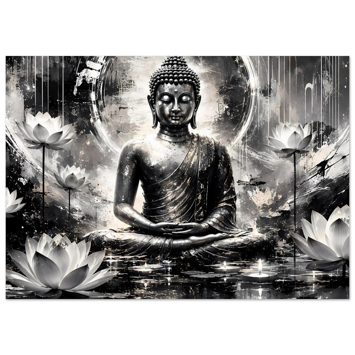 Querformatiges Schwarzweißes Buddha-Kunstposter mit sitzendem Buddha, Lichtring und Reflexionen