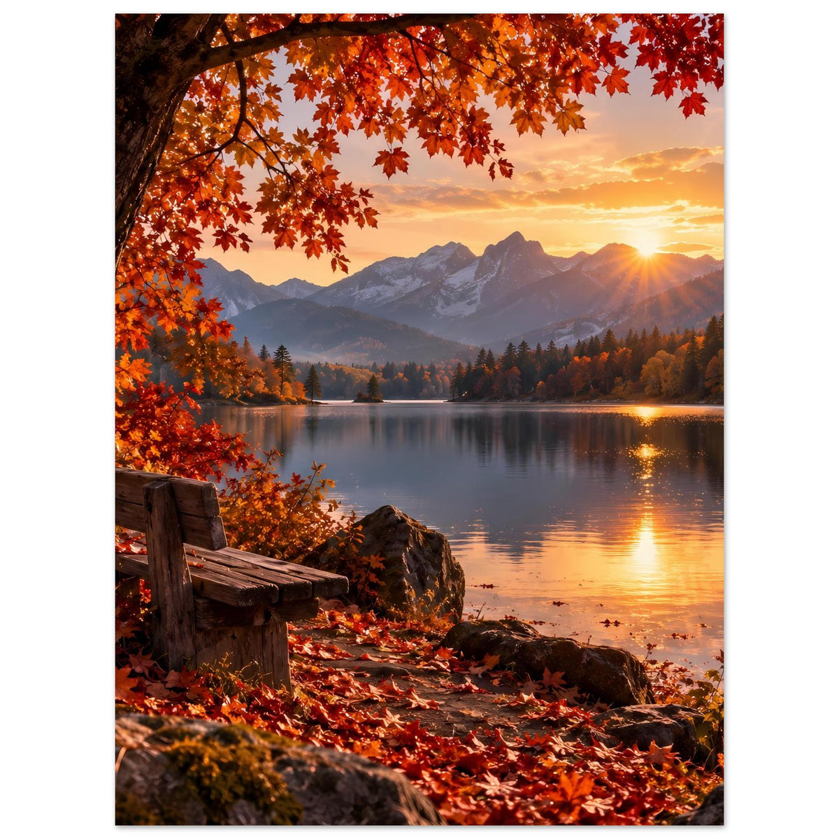 Herbstlandschafts-Poster: Seeufer mit Bank, rot-orange Blättern und warmem Abendhimmel
