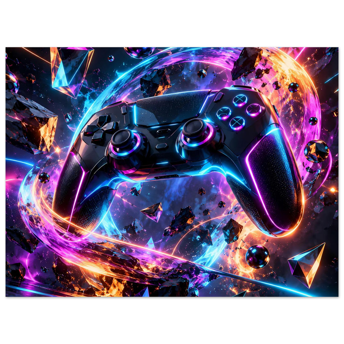 Futuristisches Gaming-Controller-Poster mit Controller im Fokus und Neonlicht in Pink und Blau