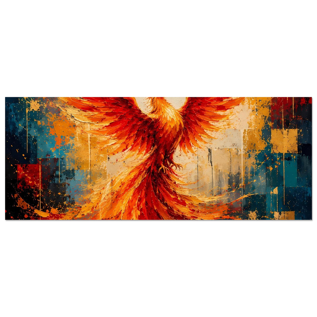 Horizontales Poster, Phönixflügel in Orange und Rot, abstrakter Stadtstil