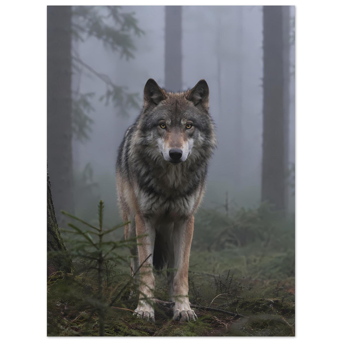 Poster mit grauem Wolf im Wald, ganzer Körper, blickt nach vorn
