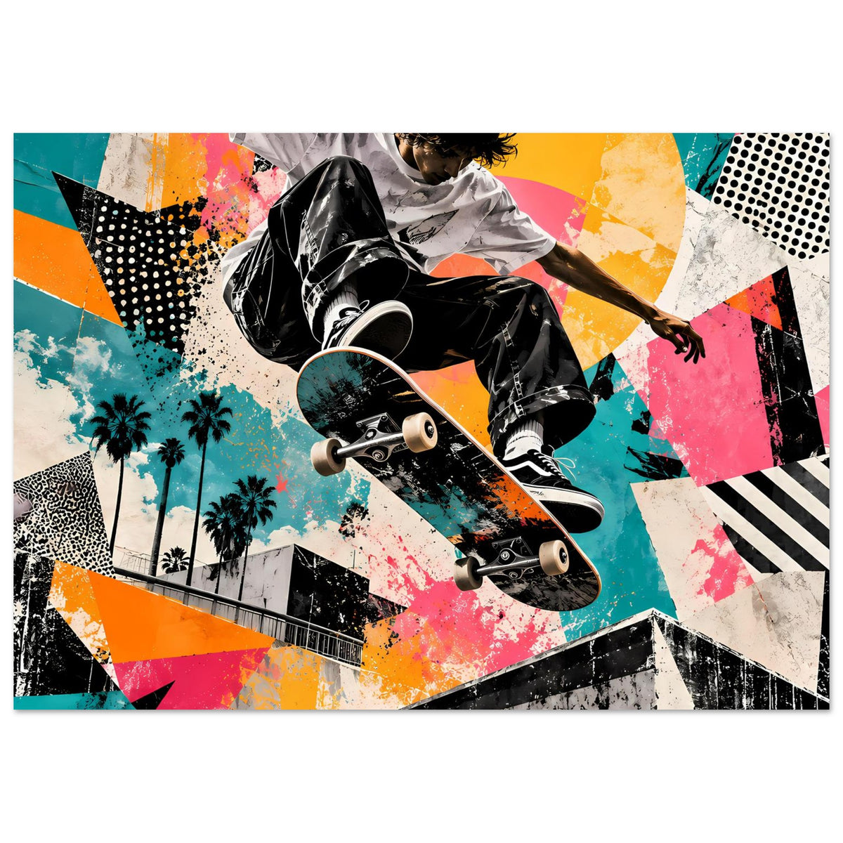 Street-Art-Poster: Skateboarder im Flug, Schwarz-Weiß-Figur, bunte Neon-Street-Art-Flächen.