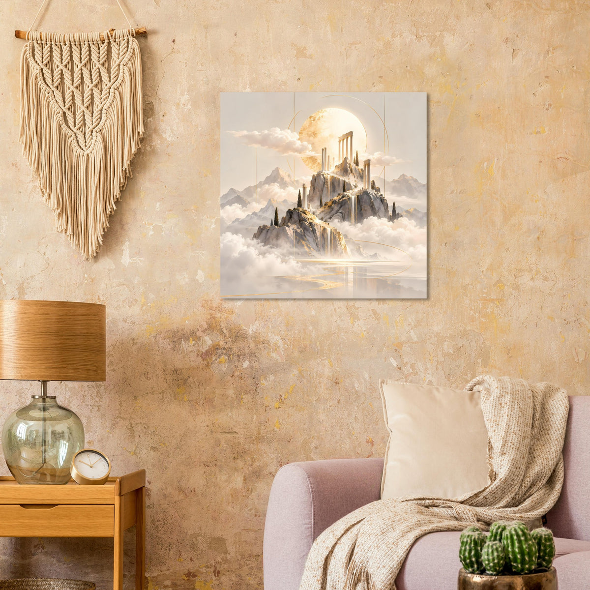 Quadratisches Poster mit goldener Tempelanlage, Wolkenmeer und ruhiger Wasserfläche