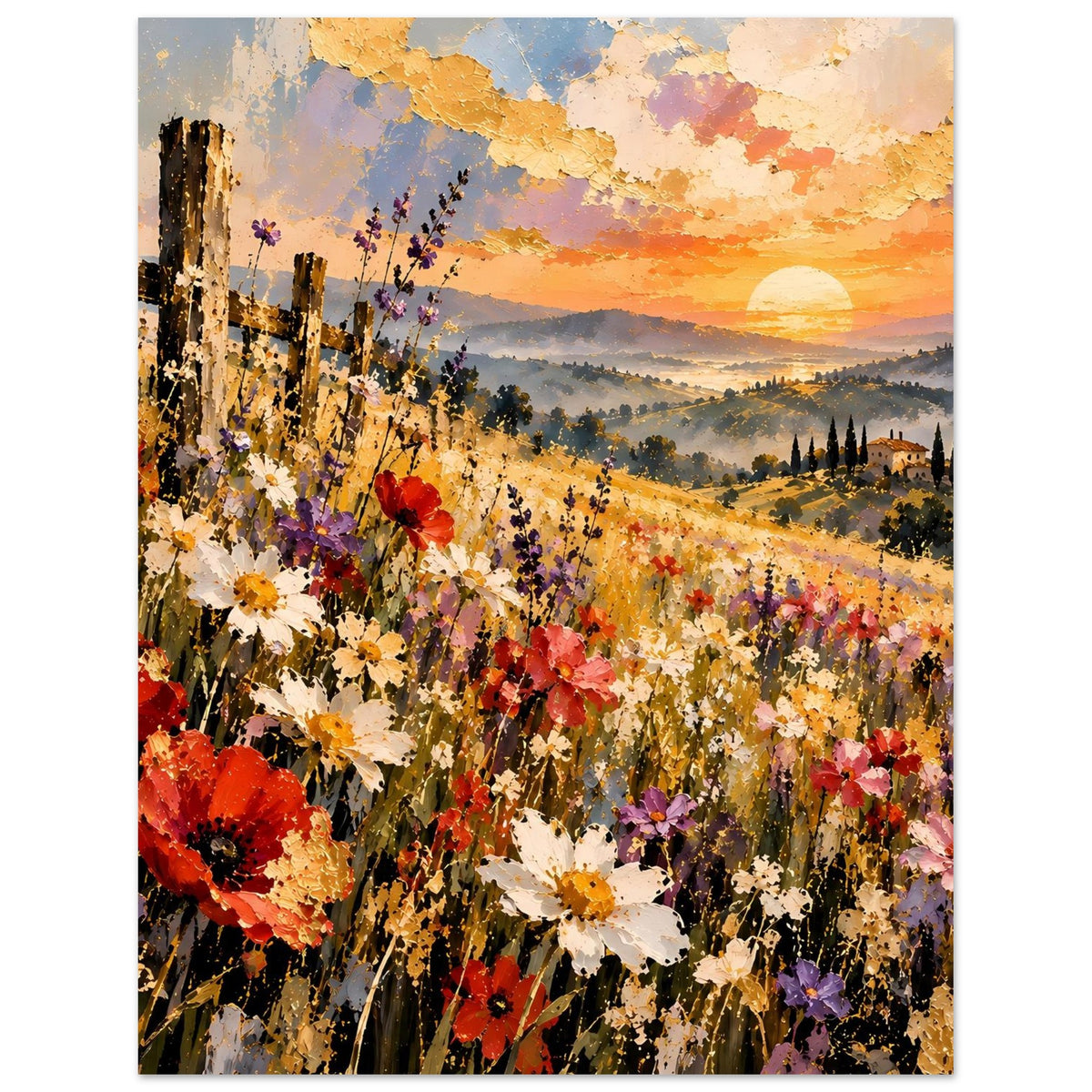 Landschaftsposter mit bunten Blumenfeldern, Zaun links, Hügel und Abendsonne