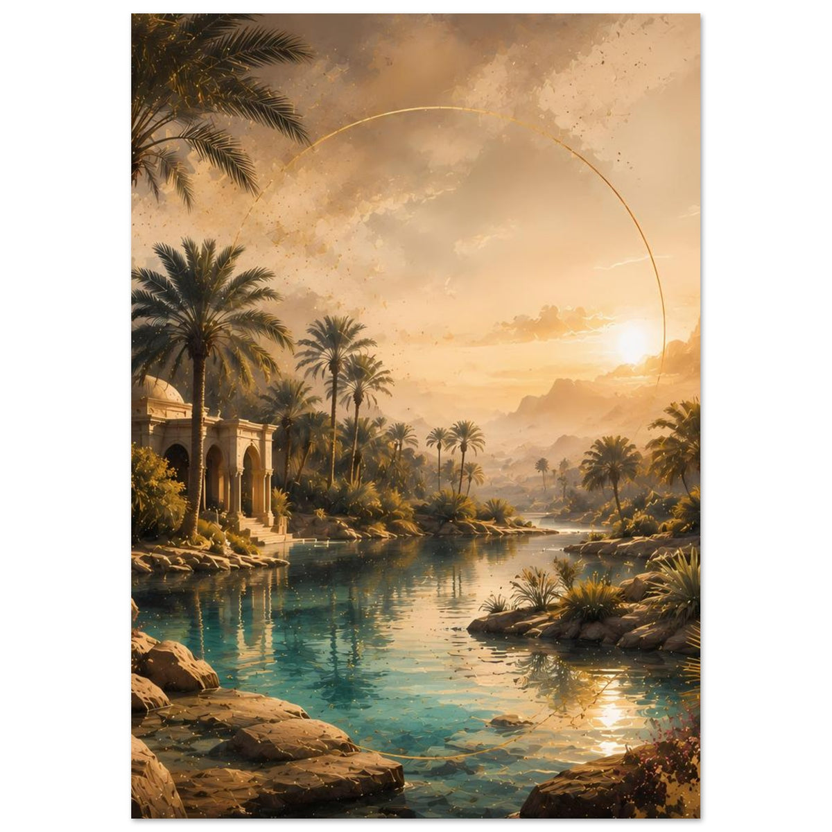 Poster im Hochformat: Palmenallee an türkisfarbenem See mit Pavillonarchitektur