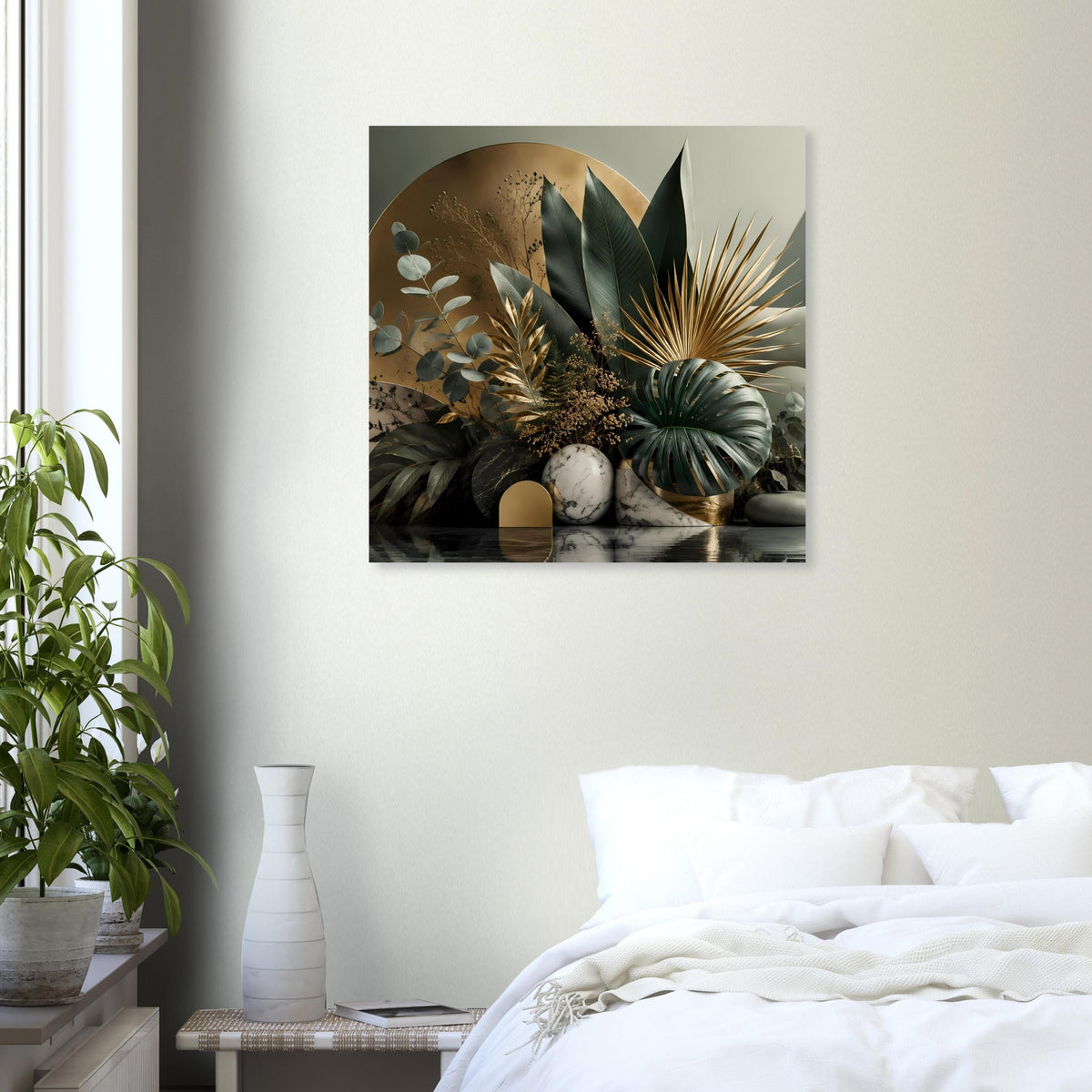 Botanisches Poster mit Pflanzenmotiv, goldenen Akzenten und Marmoreffekten, rechteckig
