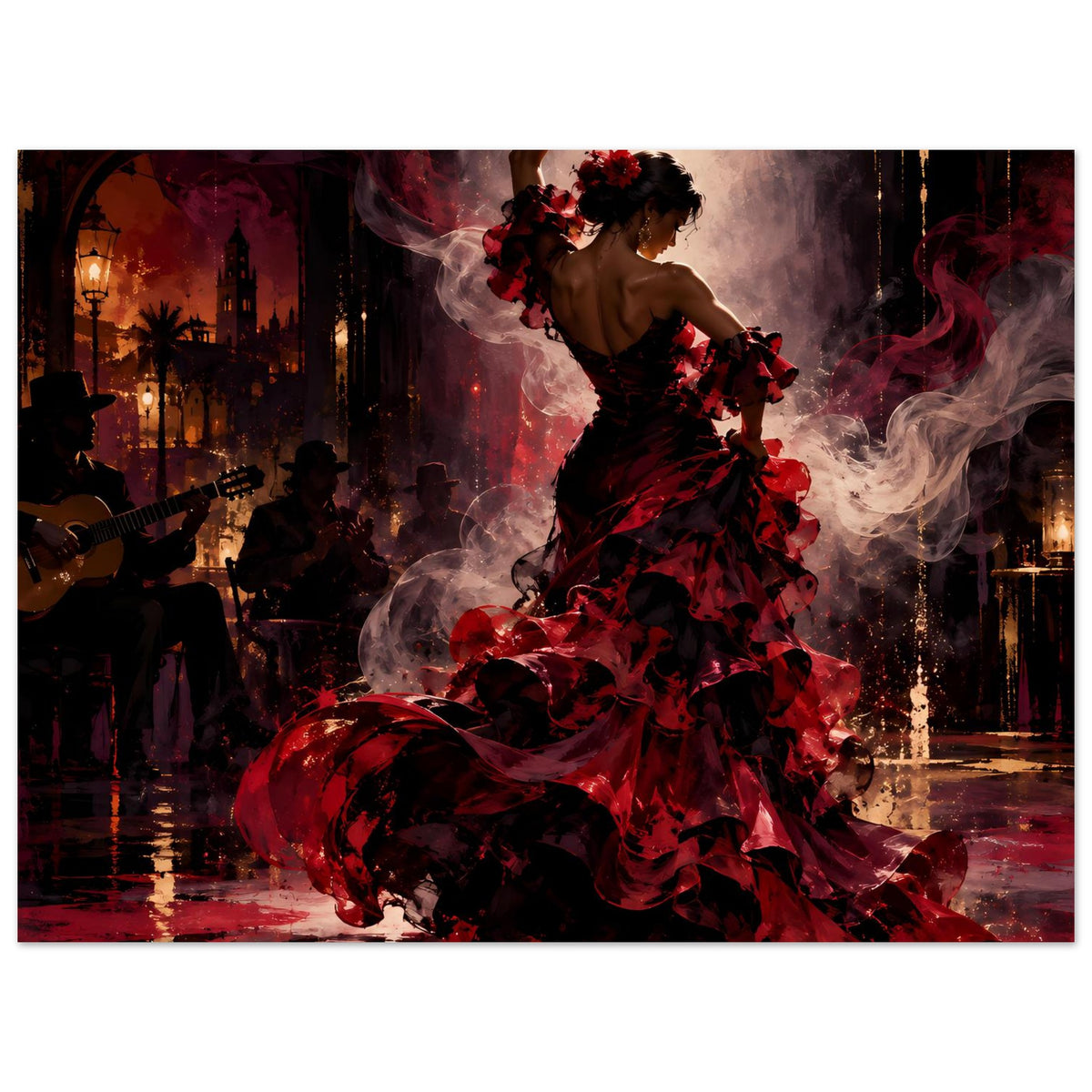 Poster im Querformat mit Flamenco-Tänzerin in rotem Kleid und Tanzpose