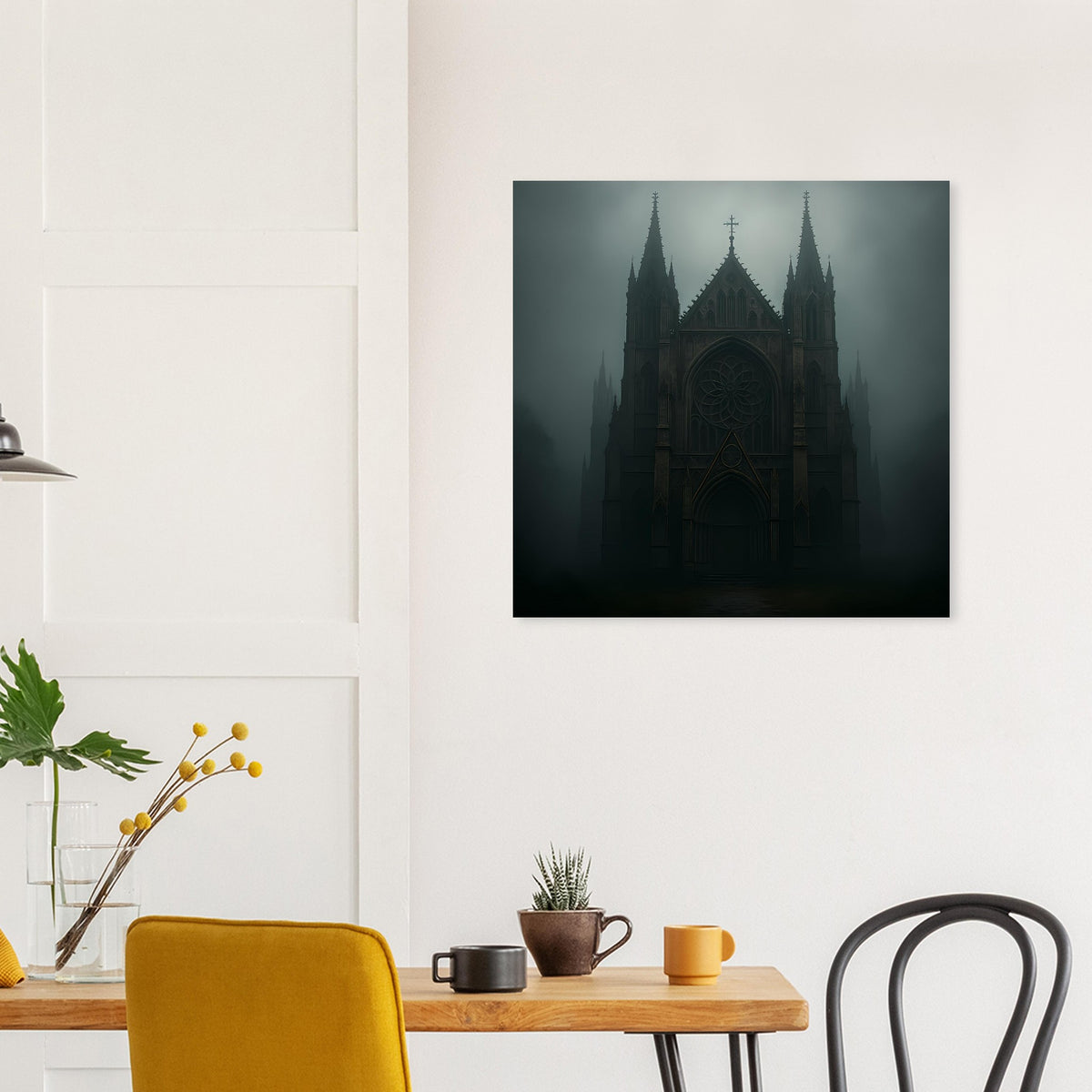 Quadratisches Poster mit gotischer Kathedrale im Nebel, dunkler Look, schwarzer Bilderrahmen