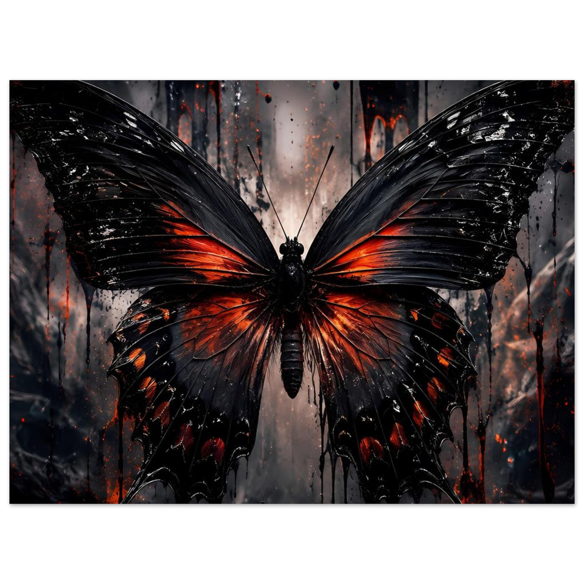 Schmetterlingsposter mit schwarzen Flügeln und orangefarbenen Flammenakzenten