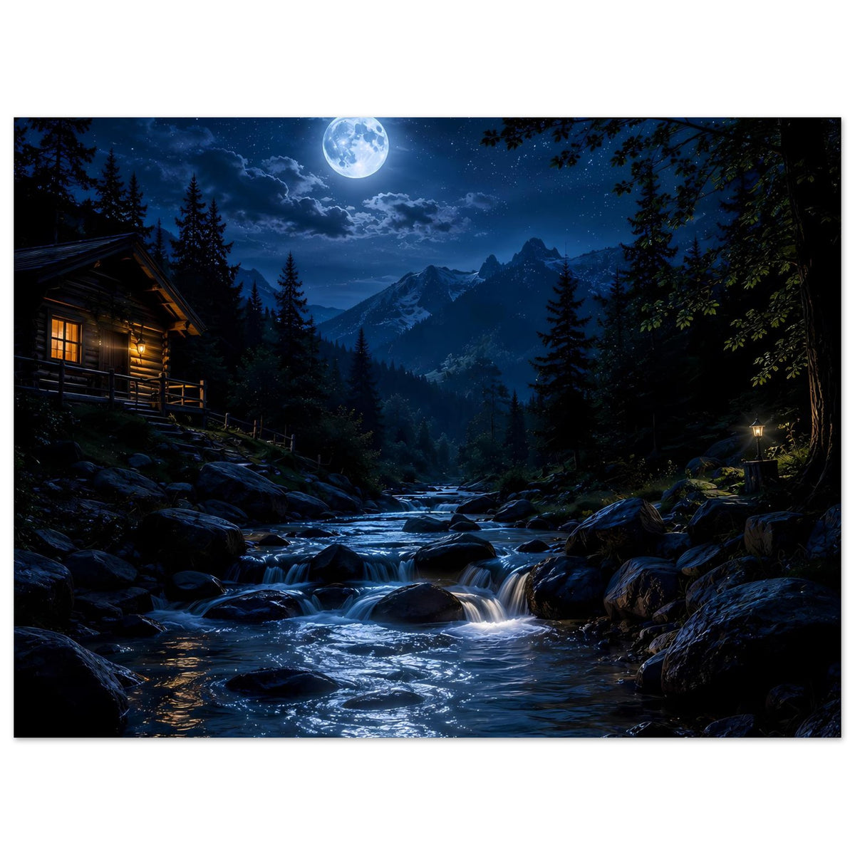 Nachtposter: rauschender Fluss, Vollmond über Bergen, umgebende Tannen und Felsufer