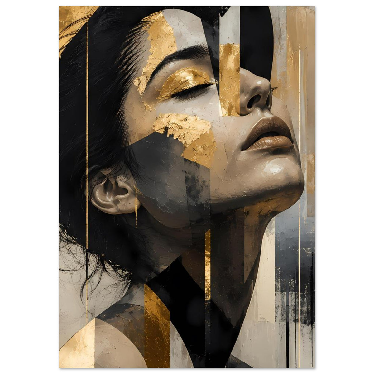 Poster mit abstraktem Frauenporträt: graue Gesichtspartie mit Gold-Akzenten und dunklem Haar