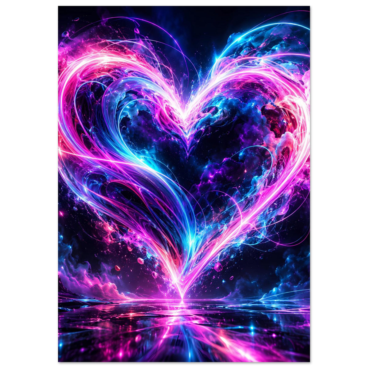 Modernes Kunstposter mit leuchtendem Neonherz in Pink und Blau, vertikal