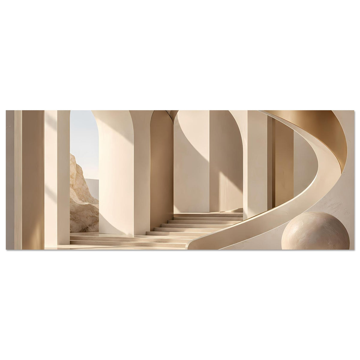 Horizontales Architekturposter: Reihenbögen im Korridor, Rundbogen und Fassade