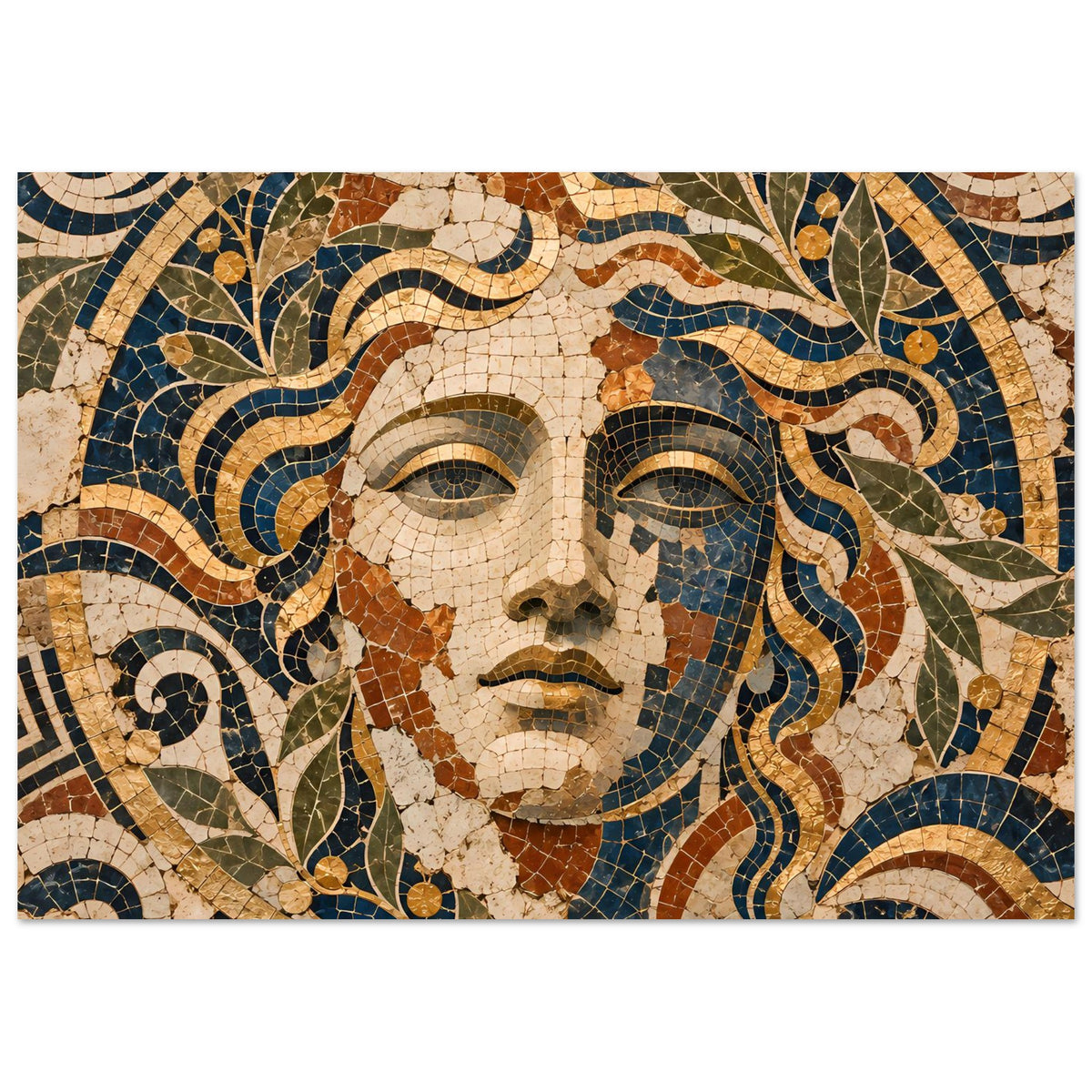 Poster mit Mosaik-Göttin, Gesicht im Ausschnitt, Detailmuster in Blau und Gold