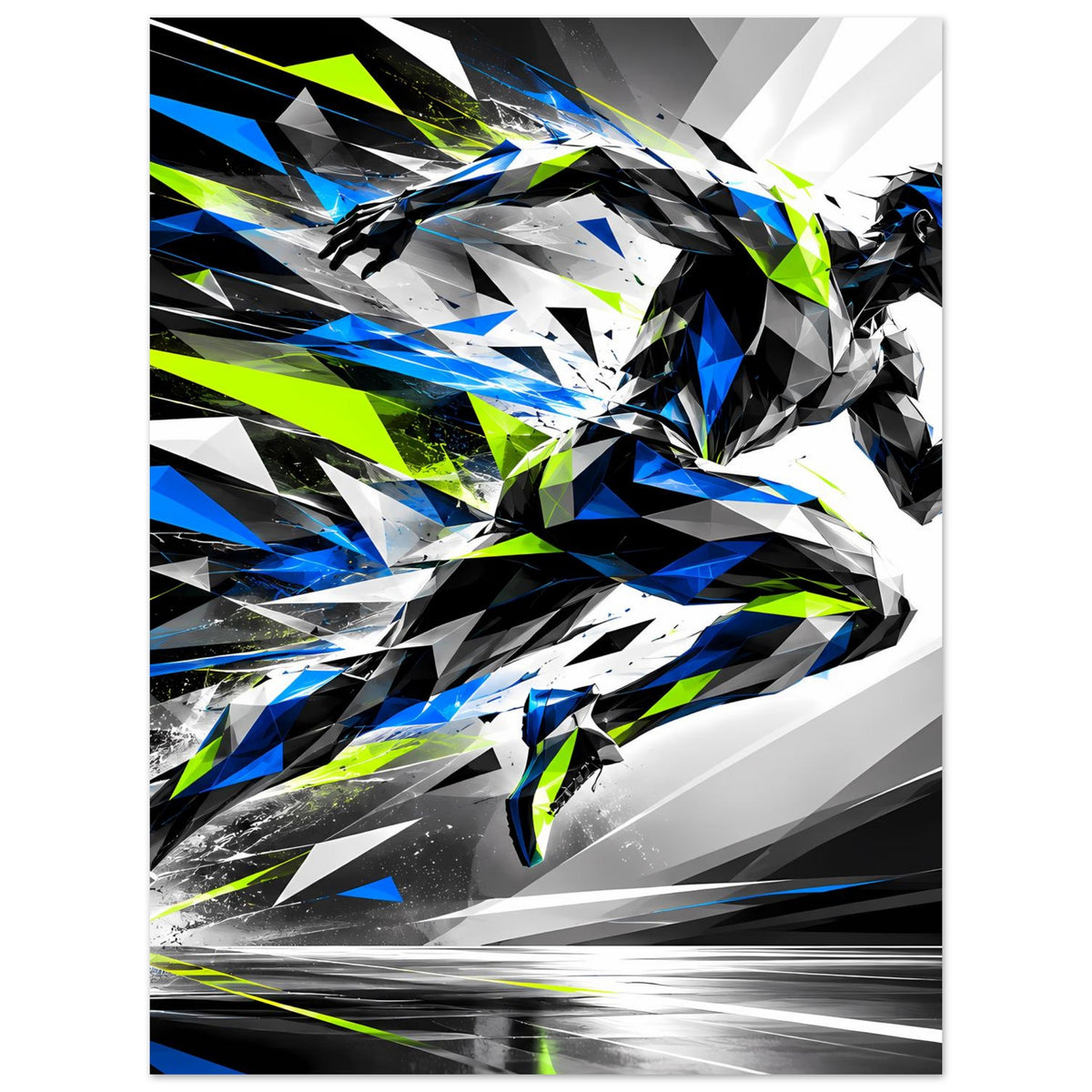 Laufkunst-Poster: abstrakte Läufer-Silhouette aus geometrischen Scherben in Blau/Schwarz/Neon-Grün