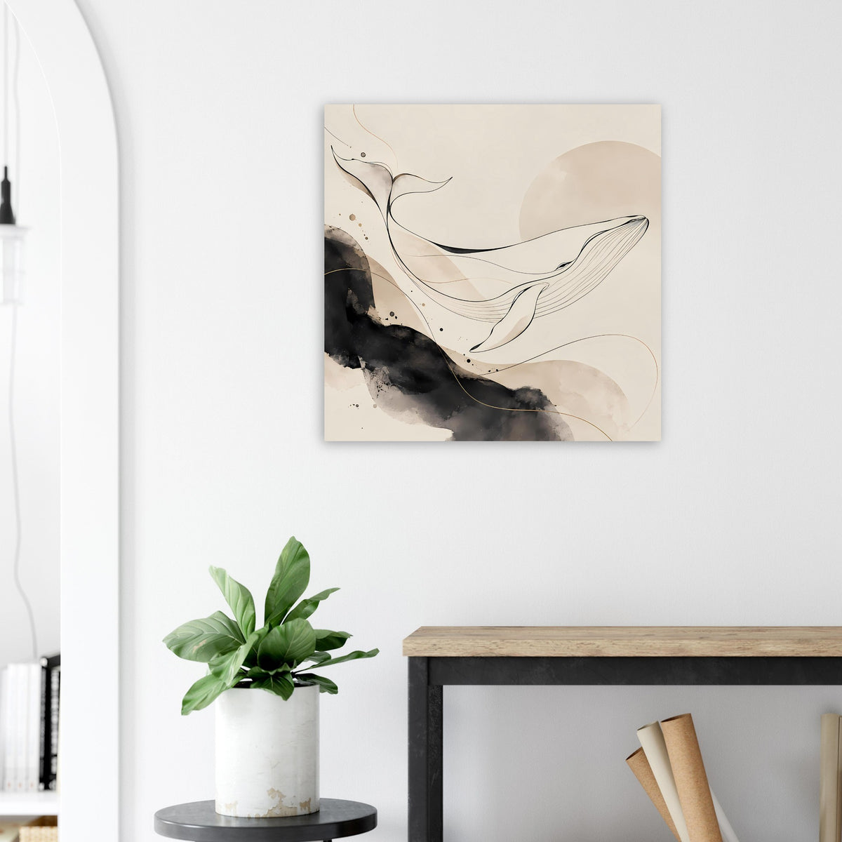 Gerahmtes abstraktes Walbild mit Konturlinien in Schwarz auf hellem Beige