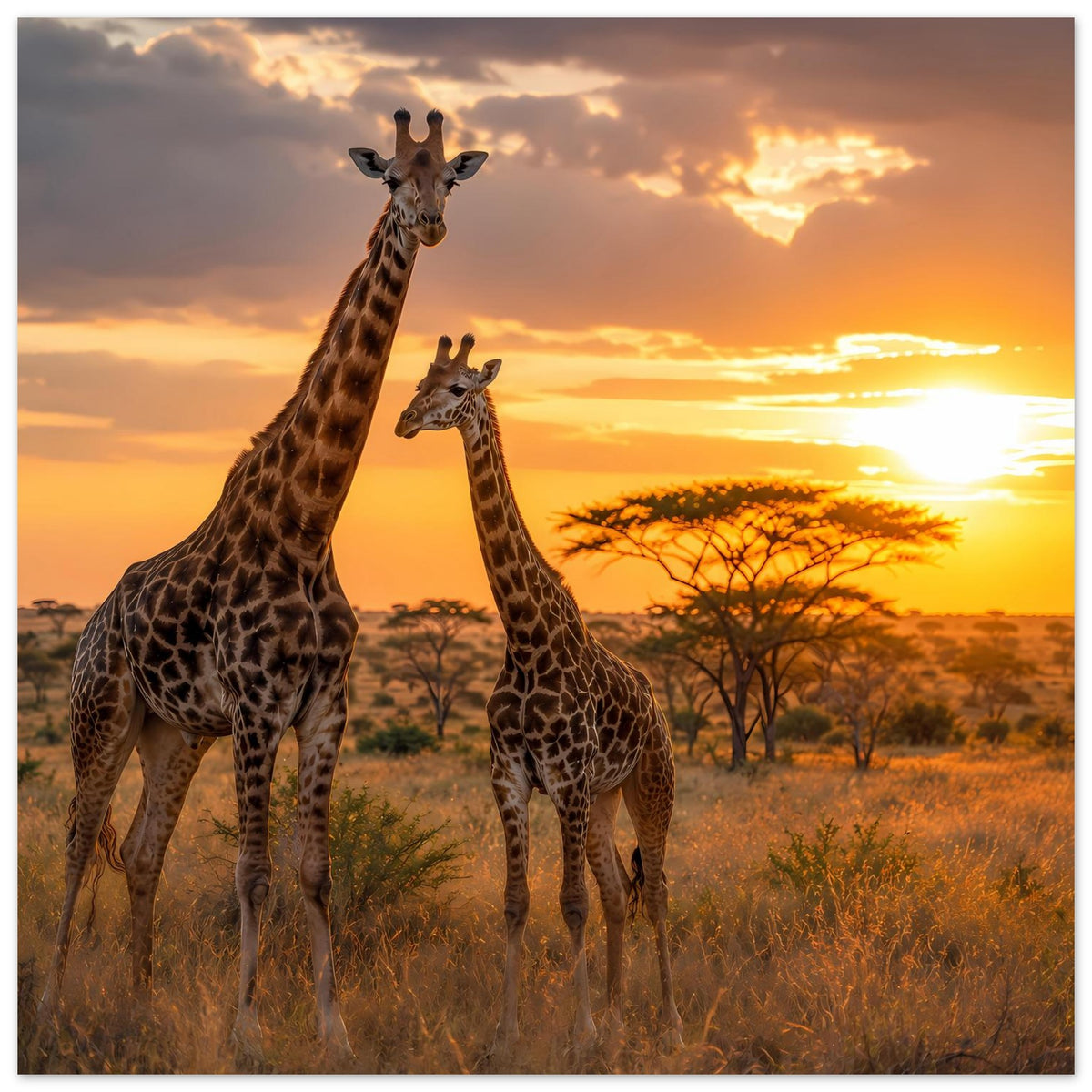 Poster mit drei Giraffen, Savanne und Sonnenuntergang, oben knapp gerahmt