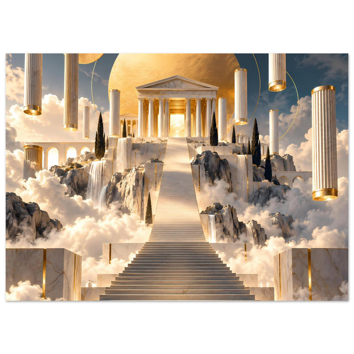 Horizontales Wandposter mit Tempelweg, goldenen Säulen, Wasserfällen und Wolken