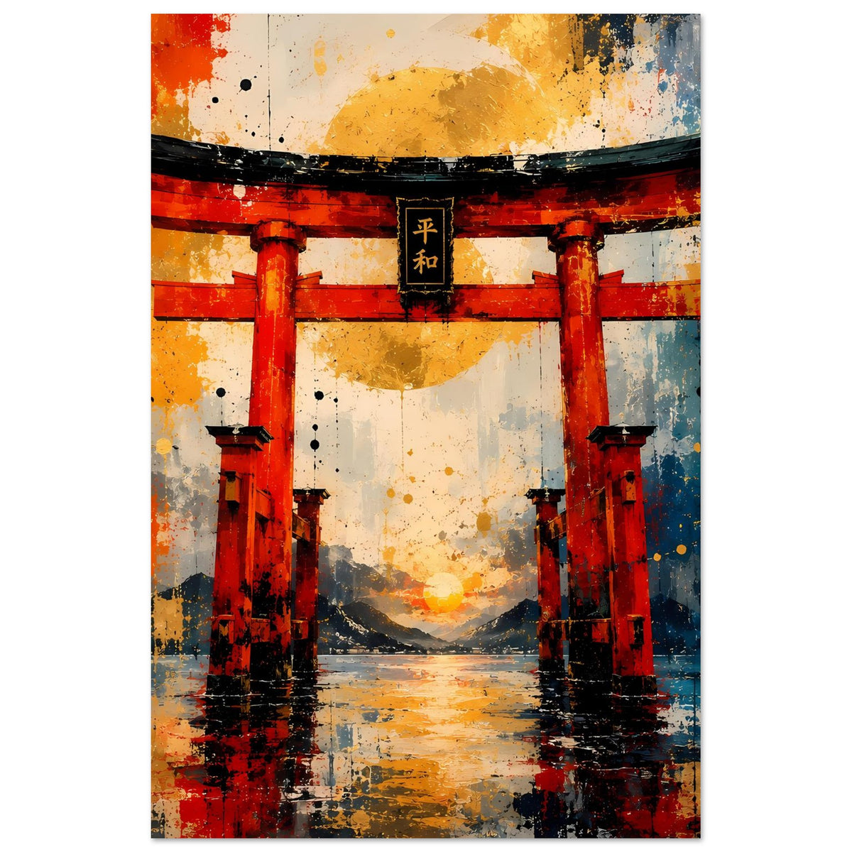Torii-Gate Poster im Hochformat: nahes Motiv der Torii, Spritzoptik in Rot, Gelb und Blau