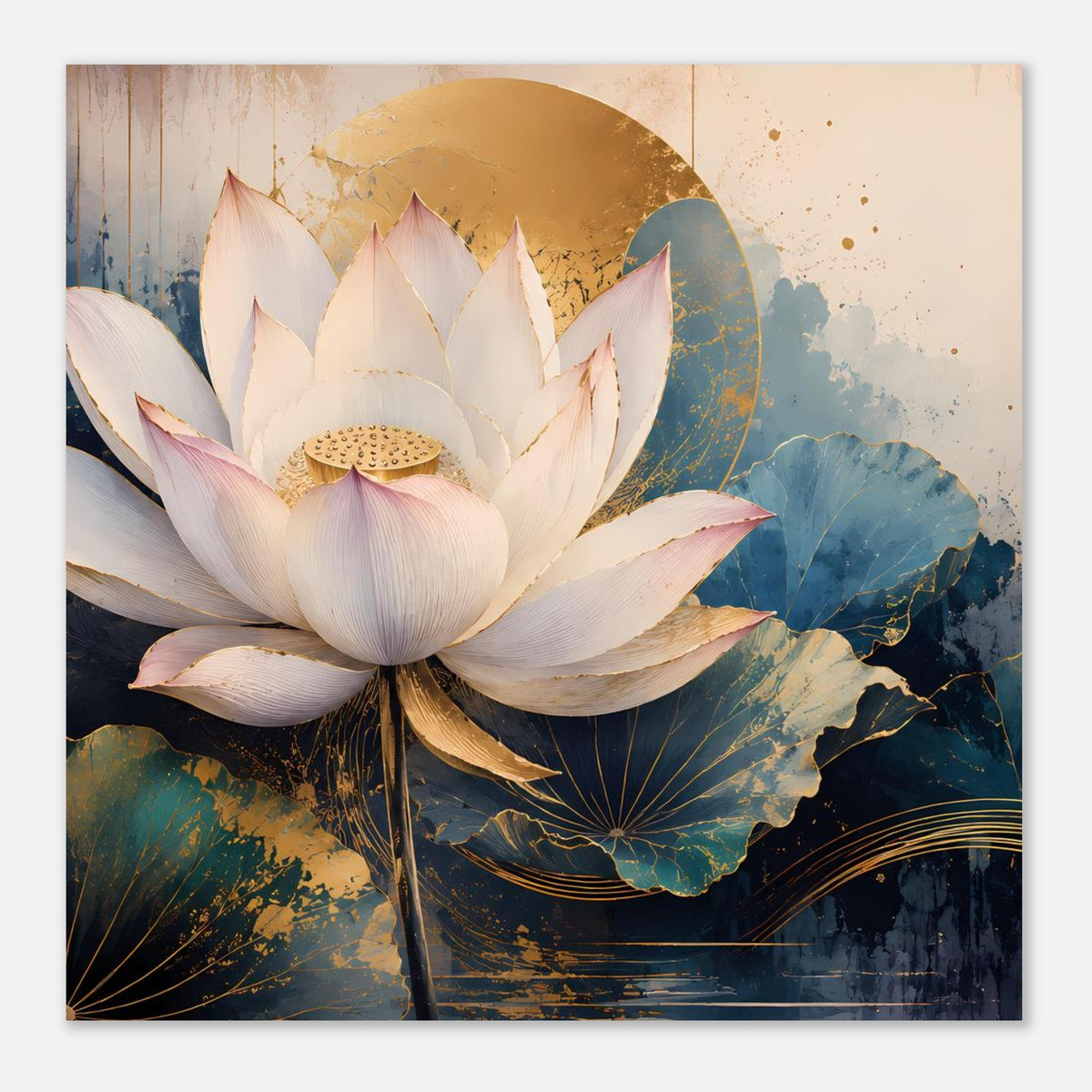 Lotusblumen-Poster mit weißer Lotusblüte, blau-goldenen Farbflecken und goldener Kurve
