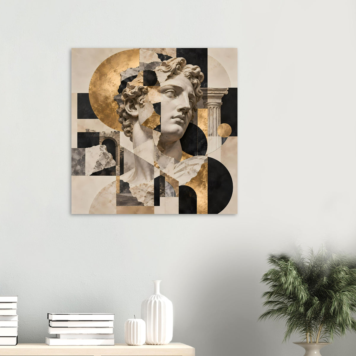 Kompaktes Kunstposter mit Porträtbüste, Patchwork-Formen und goldenen Details