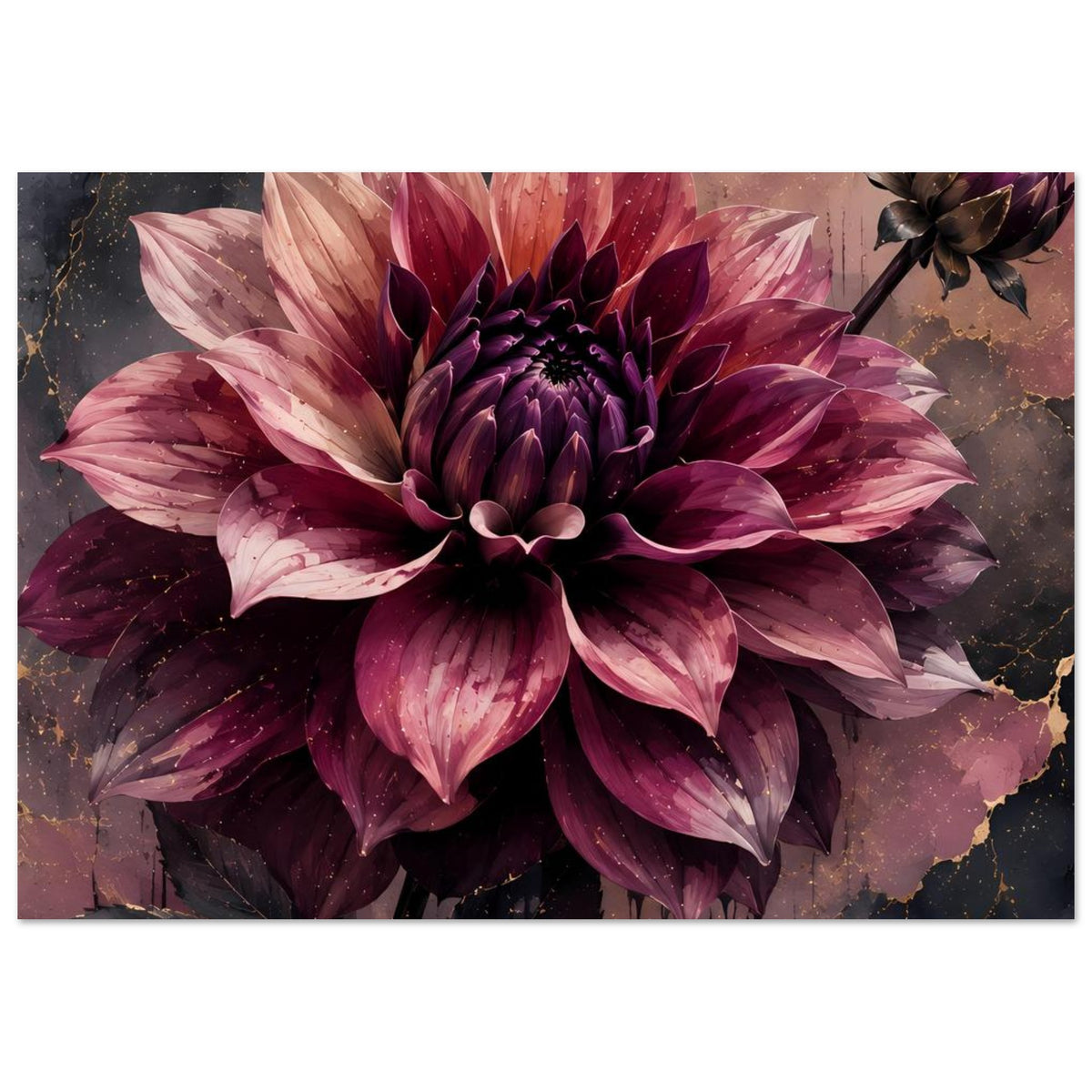 Breites Blumenposter mit großer Dahlie in Violett-Rosa und goldfarbenen Sprenkeln im Bild