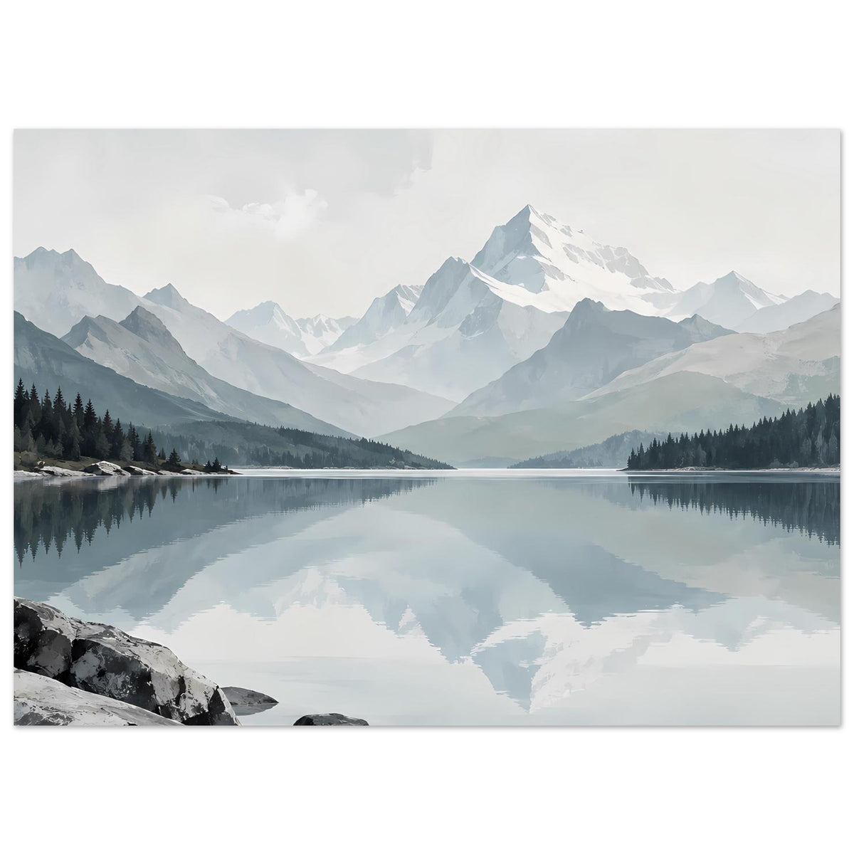 Gerahmter Kunstdruck: weite Bergsee-Spiegelung, dramatische Wolken über Alpenlandschaft