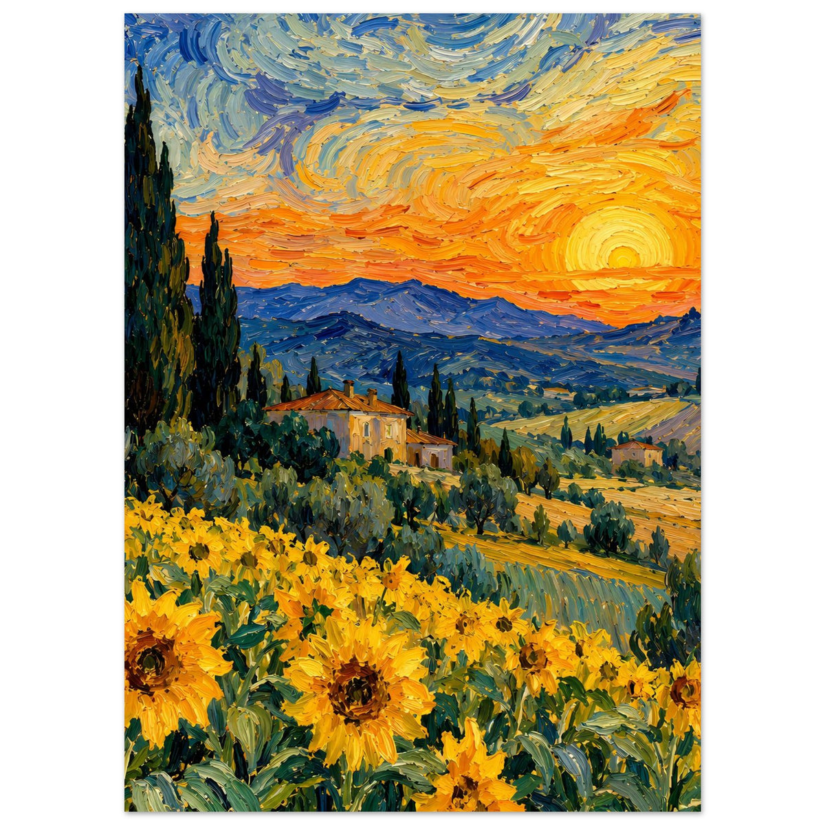 Kunstposter: Sonnenuntergang über Landschaft mit Sonnenblumen und Zypressen