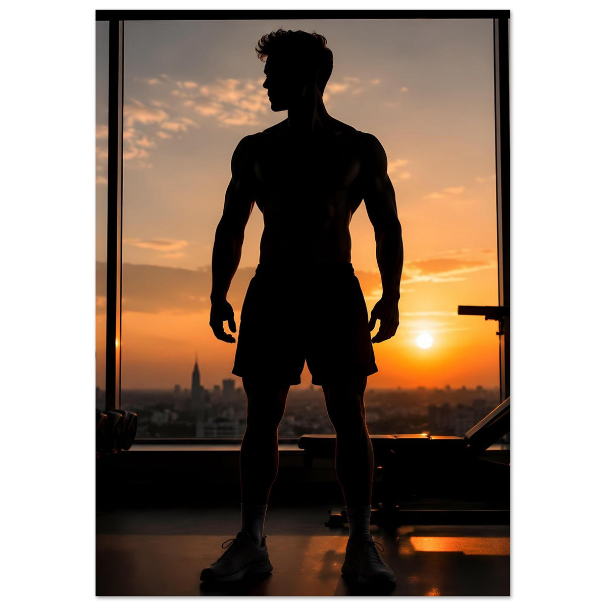 Fitness-Poster mit Sportler-Silhouette, Ganzkörperansicht im Profil vor tiefem Sonnenlicht.