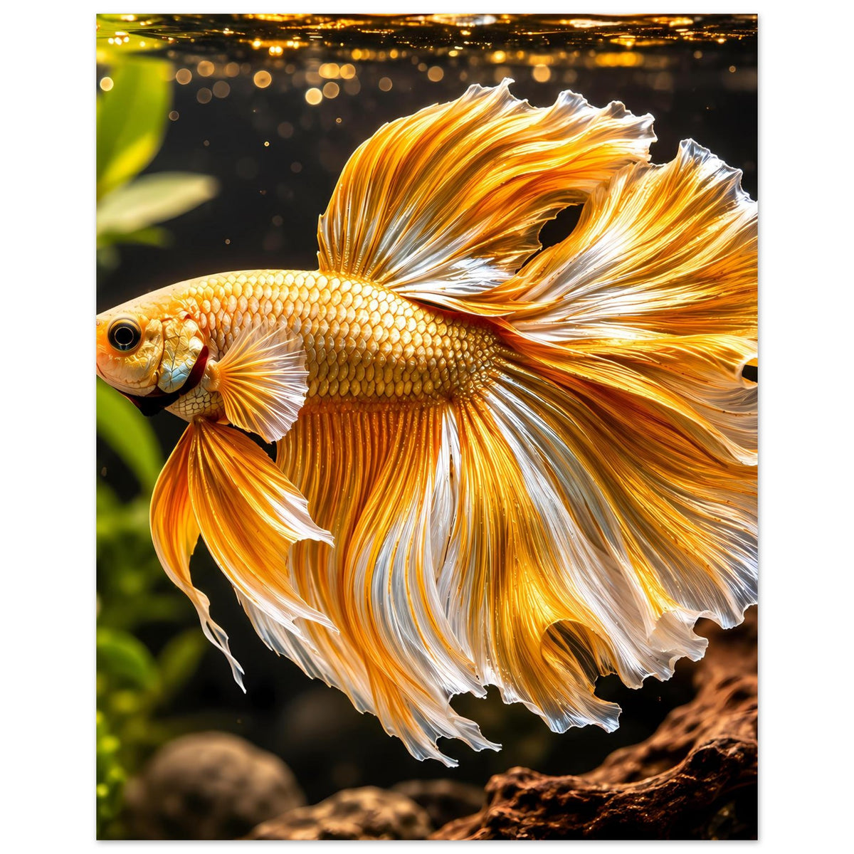 Poster mit goldenem Kampffisch, ausgebreiteten orangefarbenen Flossen und hellem Schwanz