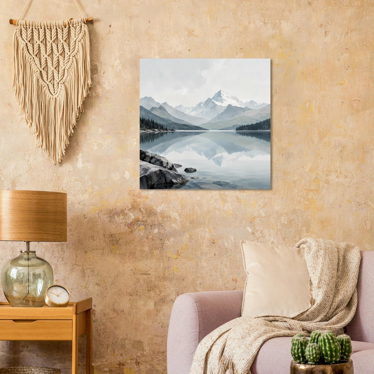 Gerahmter Landschaftsdruck mit Bergsee, ruhiger Wasseroberfläche und Spiegelbild