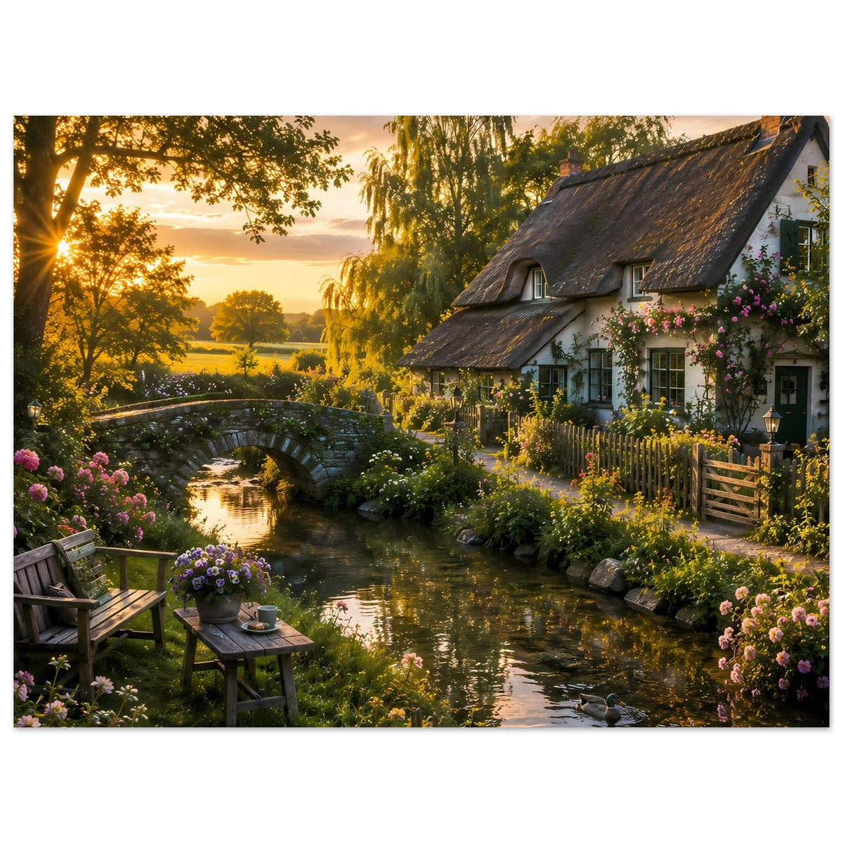 Landhaus-Poster im Hochformat: Kanal, Reetdachhaus, Steinbogenbrücke, Blumen und Enten