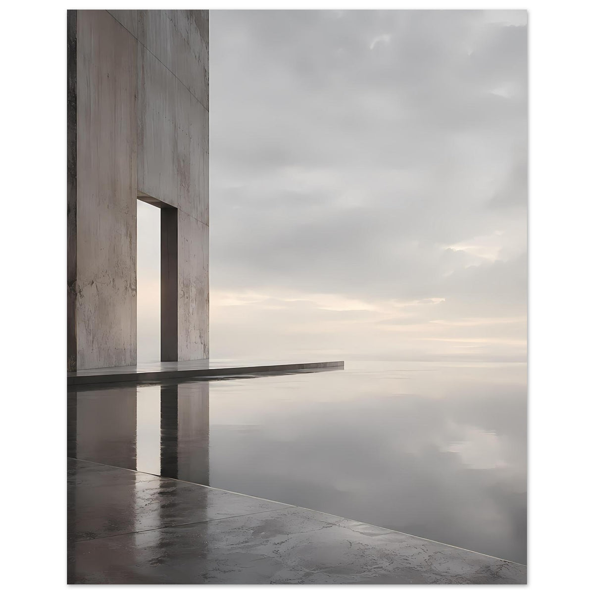 Architekturposter Querformat: Betonwand links, schmale Öffnung und Reflexionen auf dunklem Wasser