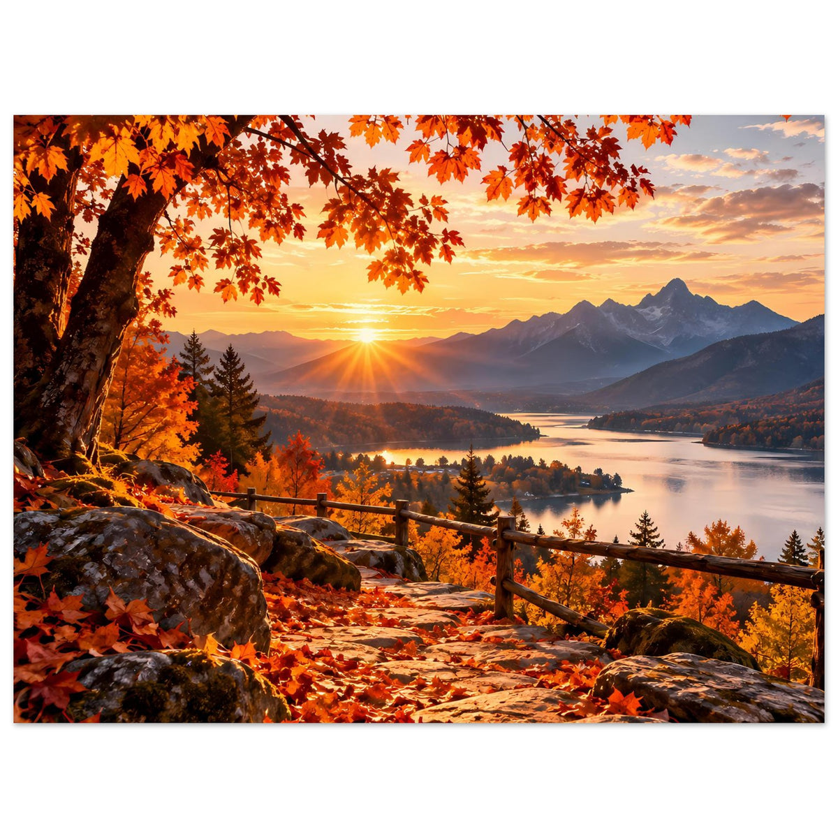 Herbstlandschafts-Poster im Hochformat: Sonnenuntergang über See und Bergen, Herbstblätter im Vordergrund