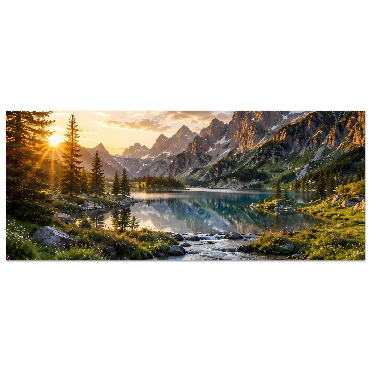 Poster im Querformat: Sonnenaufgang, Bergsee, Felsenbach und Bergkette