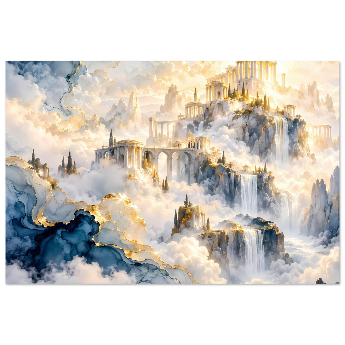 Horizontales Poster mit goldenen Architektur-Highlights, Wasserfällen und dichten Wolken