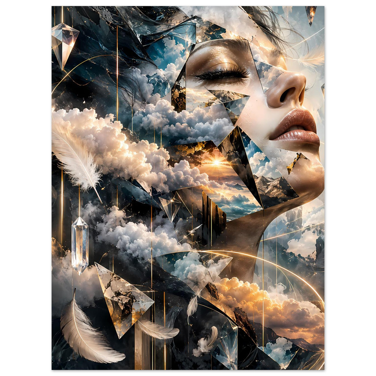 Vertikales Kunstdruck-Poster: Frauenprofil, Wolkenlandschaft, Federn und goldene Linien