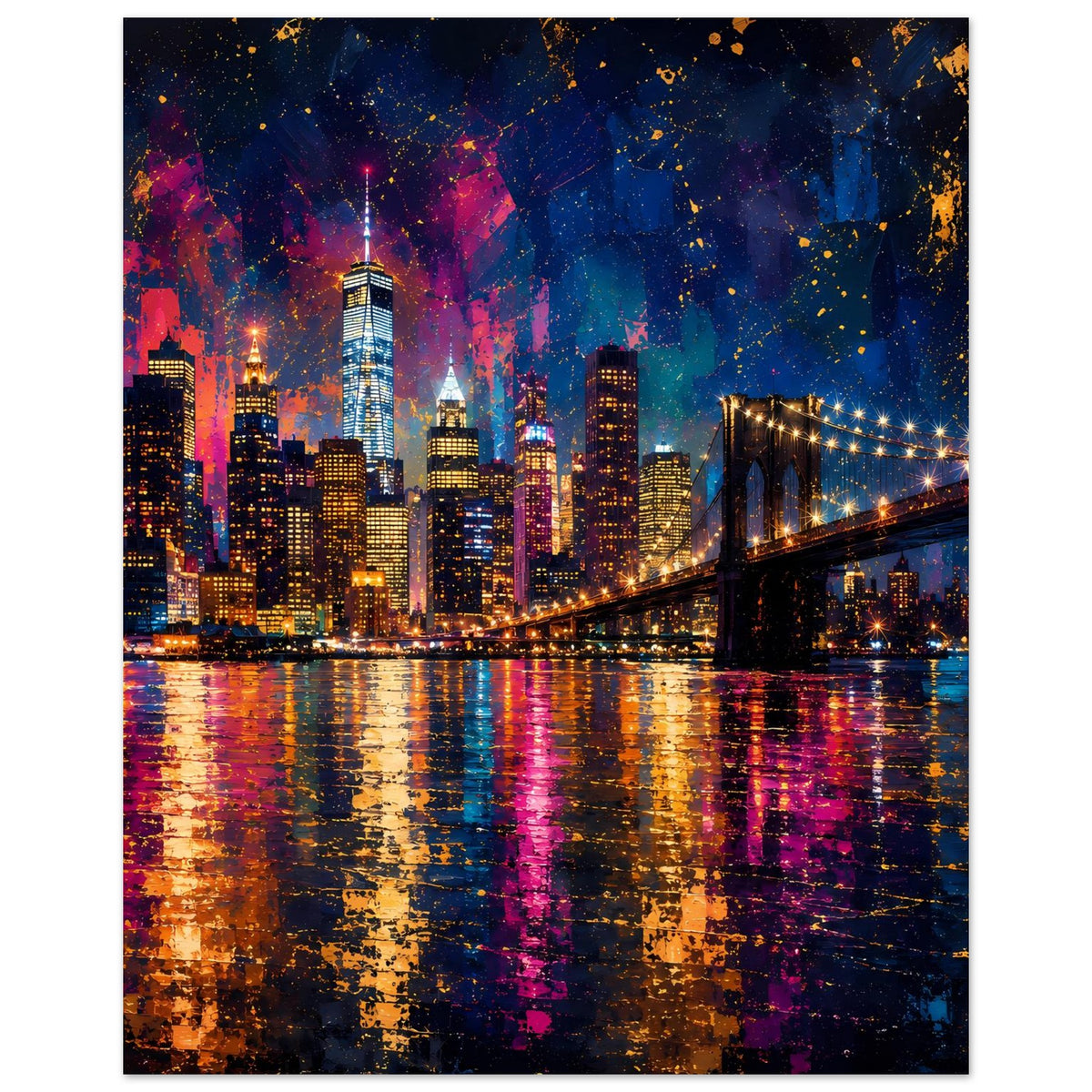 Stadtposter mit nächtlicher Skyline und Hängebrücke, kräftige Blau-, Pink- und Goldtöne
