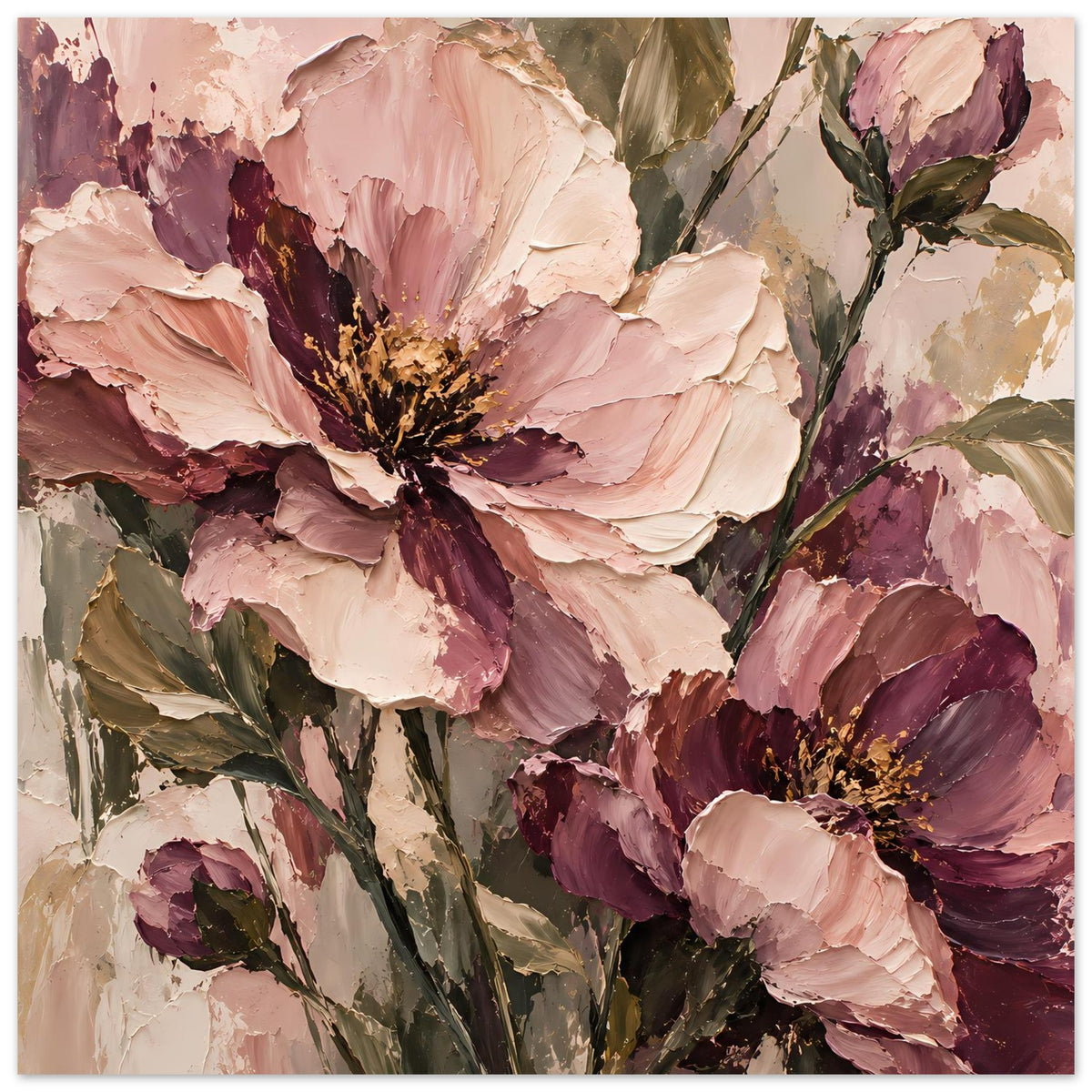 Florales Poster mit großen rosa Blüten und mauve Akzenten, gemalte Textur, Hochformat.